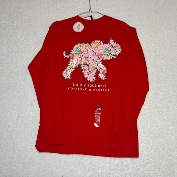 SIMPLY SOUTHERN Conserve & Protect Elephant Christmas Long Sleeve Red Tshirt Med - Picture 5 of 10